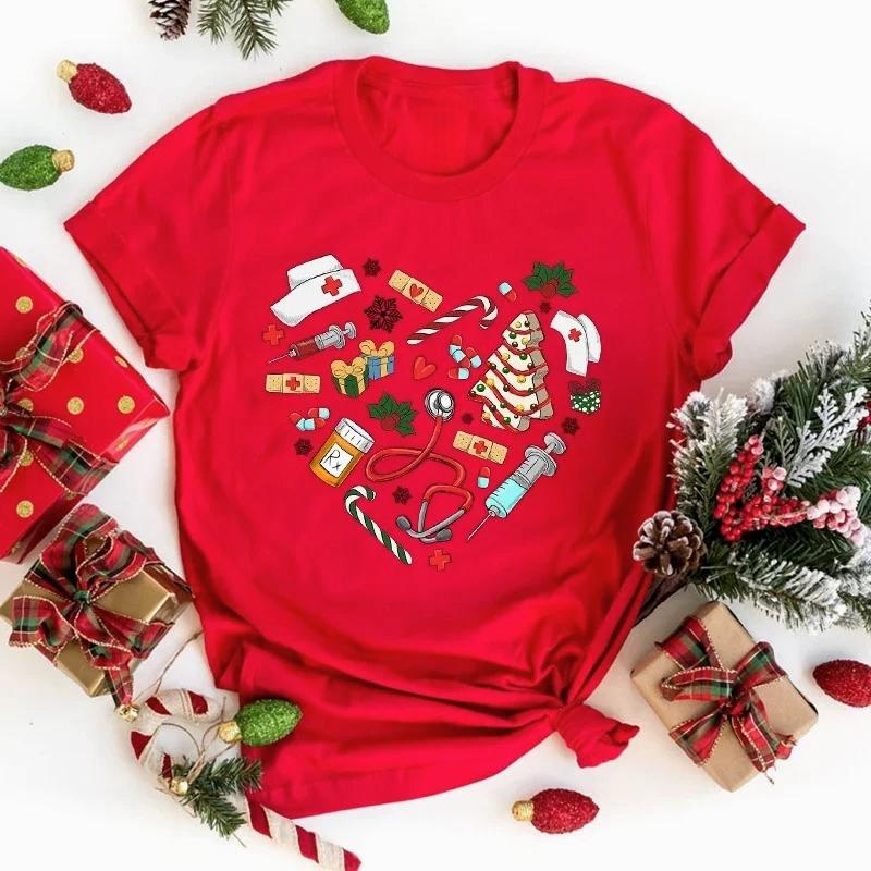 Funny Christmas Nurse Love Print TShirt Women Summer Casual Short Sleeve TShirt Fashion Women Tops Soft Clothing