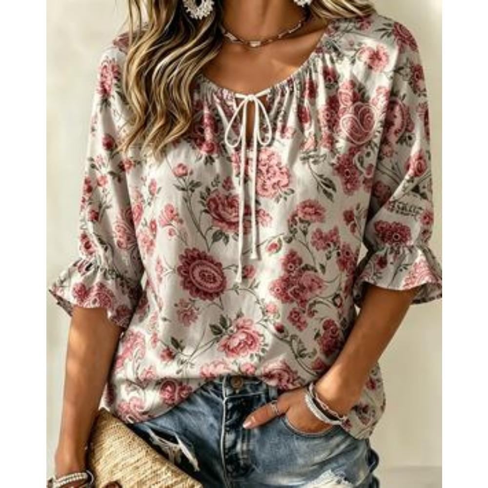 Women's Retro Deep Red Floral Tie Neck Top Ruffle 3/4 Sleeve Loose Fit Casual Weekend Vacation Shirt