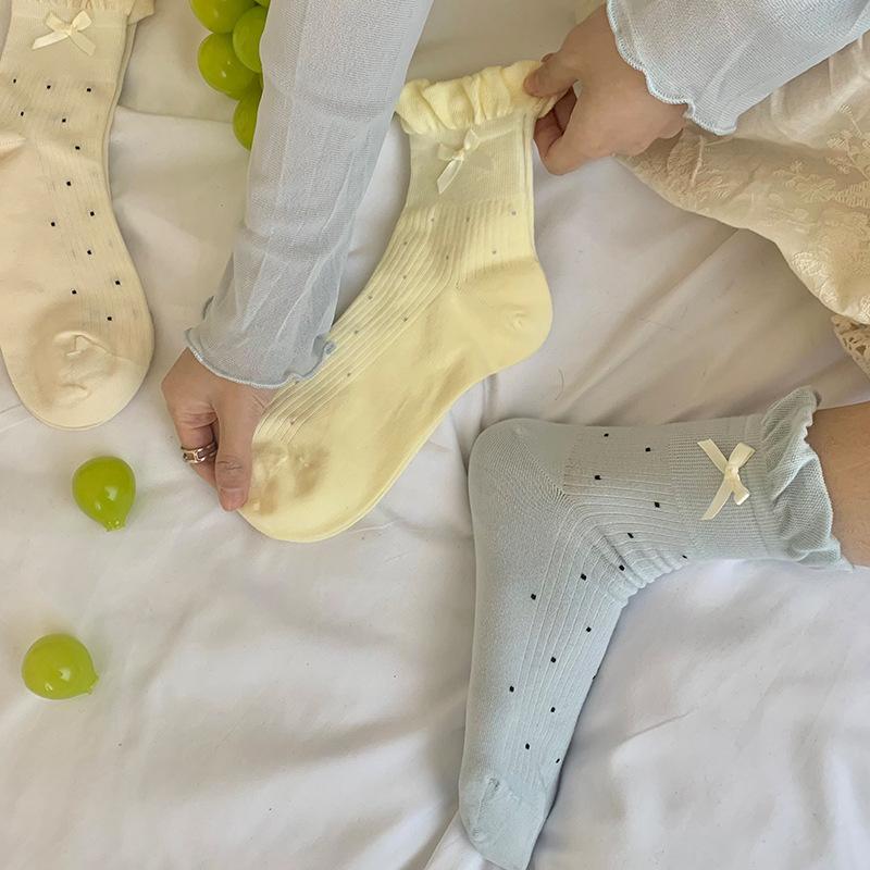 Songmu'Small Bow Bud Mouth Boneless Socks New Polka Dot Korean Medium Tube Socks Women'S