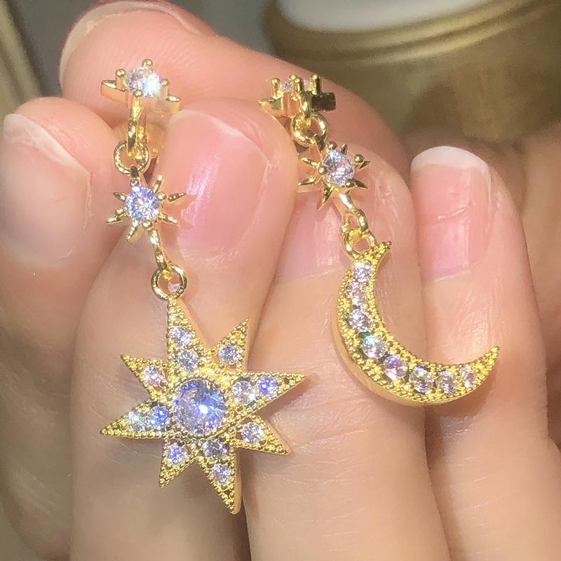 925 Silver Design Simple Advanced White Zircon Earring Temperament French Fairy Star-Moon Earrings Party Dating Jewelry Gift