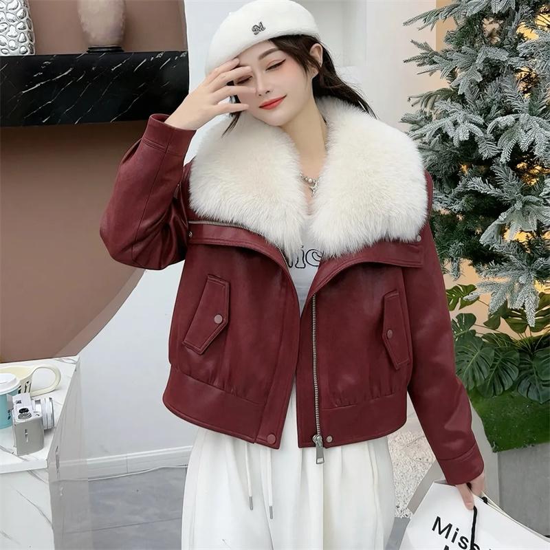 Zimní bunda z liščí kožešiny z trávy Dámská Krátká tlustá zateplená bunda Parker Dámské motocyklové bundy na zip