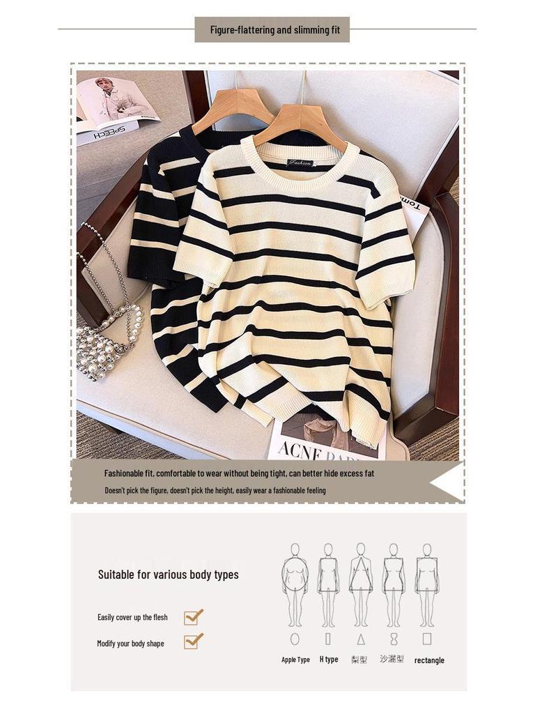 Plus Size Women's Summer Ice Silk Knit Top - Slimming Short Sleeve T-shirt 8131