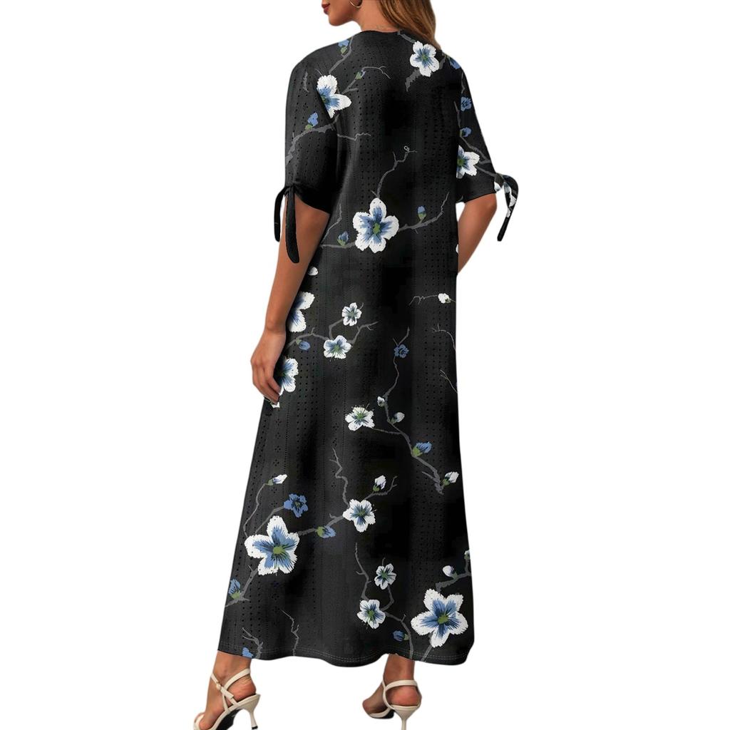Ladies Casual Fashion Temperament Elegant Waist Patchwork Print Long Dress