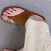 Sheepskin Version~ Retro Style Leather Cover Toe Flip-flops Women's Shoes Summer Wear Niche Flat Bottom One Pedal Beach Sandals