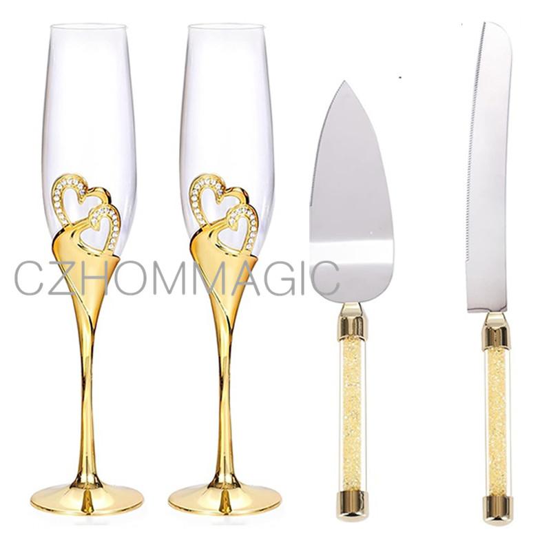 4Pcs/Set,Wedding Champagne Flutes and Cake Knife Server Set,Bride and Groom Toasting Flutes with Cake Cutting Set,Champagne Cup