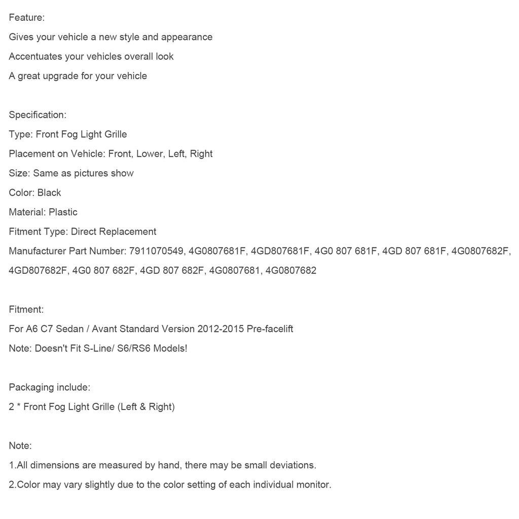 2PCS Front Fog Light Cover Bezel Bumper Grille 7911070549 4G0807681F Fit A6 4G C7 2012-2015