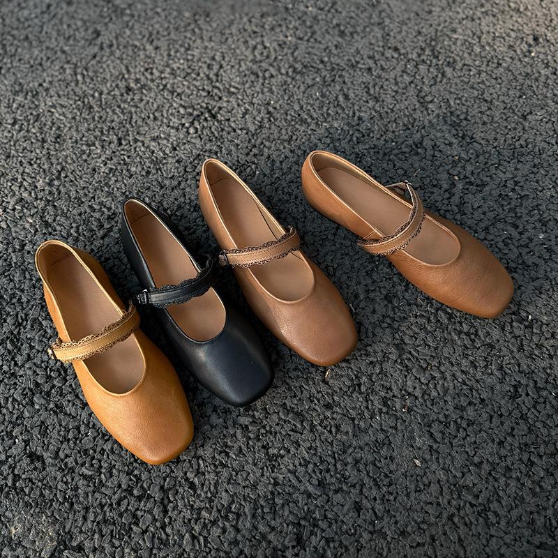Johnature Genuine Leather Buckle Strap Women's Flats Shoes Retro Square Toe Soft Soles Solid Color Shoes