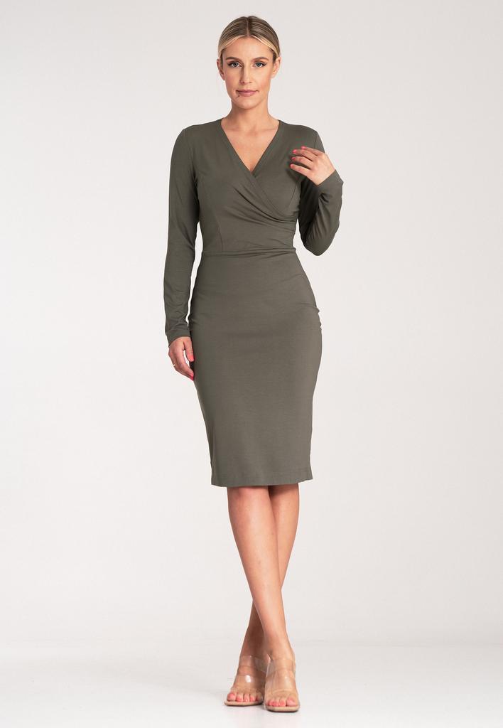 Elegancka Sukienka Dopasowana - Prosta Sukienka - Sukienka Oliwkowa M1078 Rozmiar M