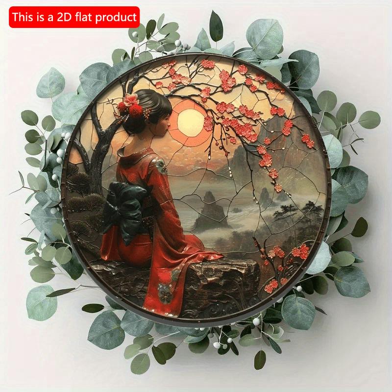 2d Flat 20*20cm, Round Wooden Art Sign, Japanese Kimono Decorative, Entrance Decor Gife, for Home, Kitchen, Garden, Bedroom, Bar Decor.