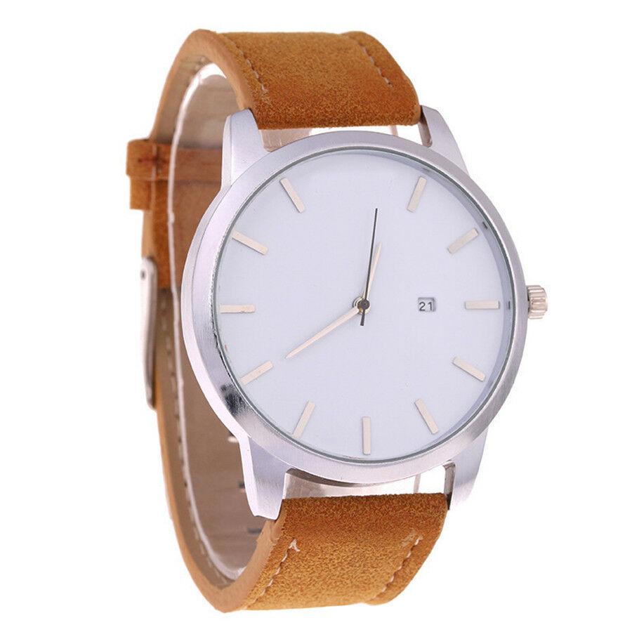 

Модные мужские кварцевые спортивные аналоговые часы с ремешком из искусственной кожи White Dial + Brown Strap