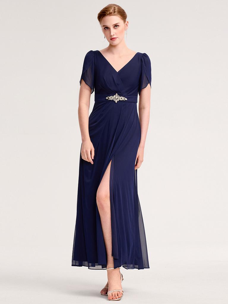 Ever-Pretty Women's Rhinestone Embellished Chiffon Ruffle Sleeve V-Neck Maxi Formal Evening Dresses