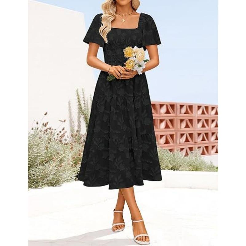 Women's Square Neckline Bohemian Flower Mid-length Short-sleeved Dress