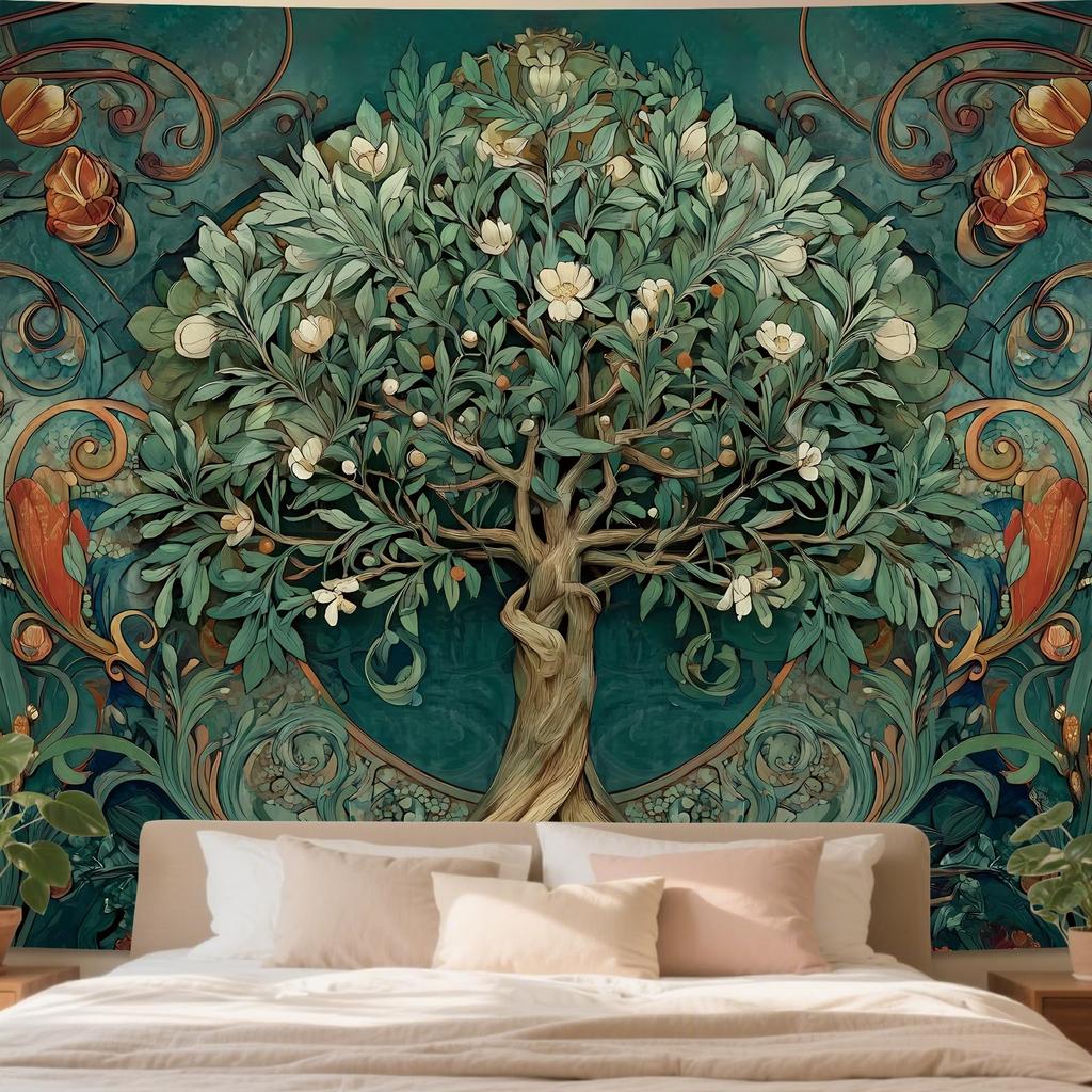 Tree Of Life Tapestry,Boho Design With Golden Tree,Moon Stars And Feathers On Black Background Print Wall Hanging For Home Decor
