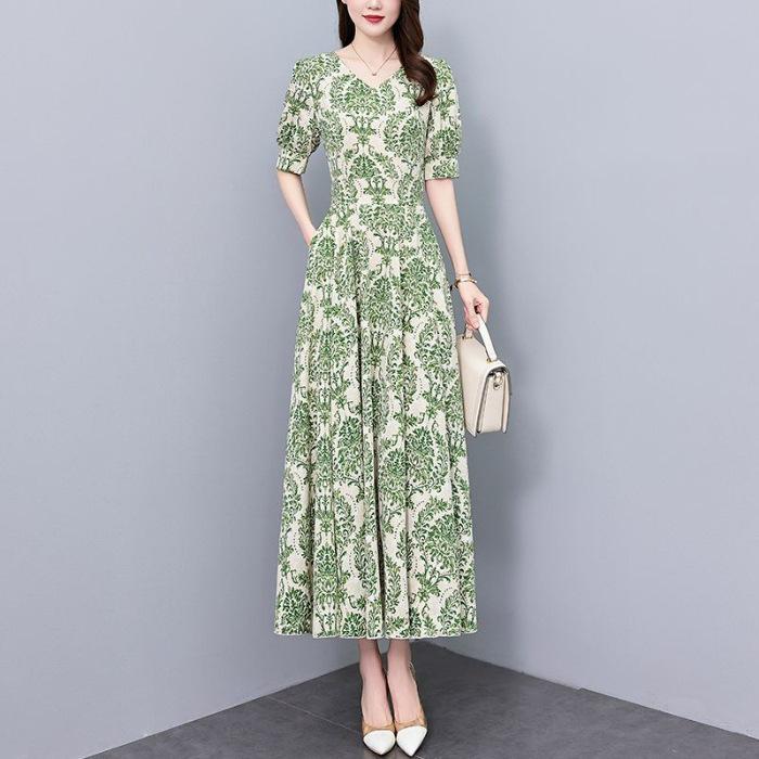 Elegant Summer Slimming Plus Size Polyester Dress for Middle-aged Women M