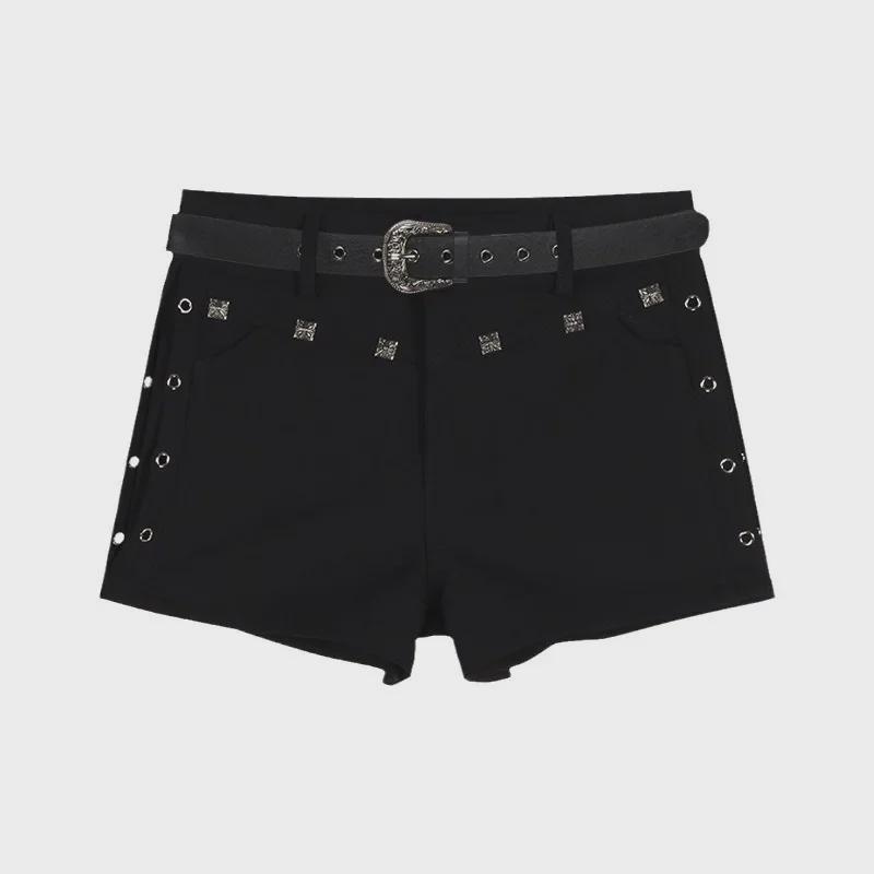 High Waist Slim Straight Black Rivet Casual Shorts for Women - Summer American Style Skinny Jeans