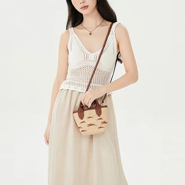 LONGCHAMP Le Panier Pliage Cow Leather Trim Shoulder Bag , Crossbody Bag , Handbag Mini Women's Beige Brown (Unisex) Handbags 10206HCF035