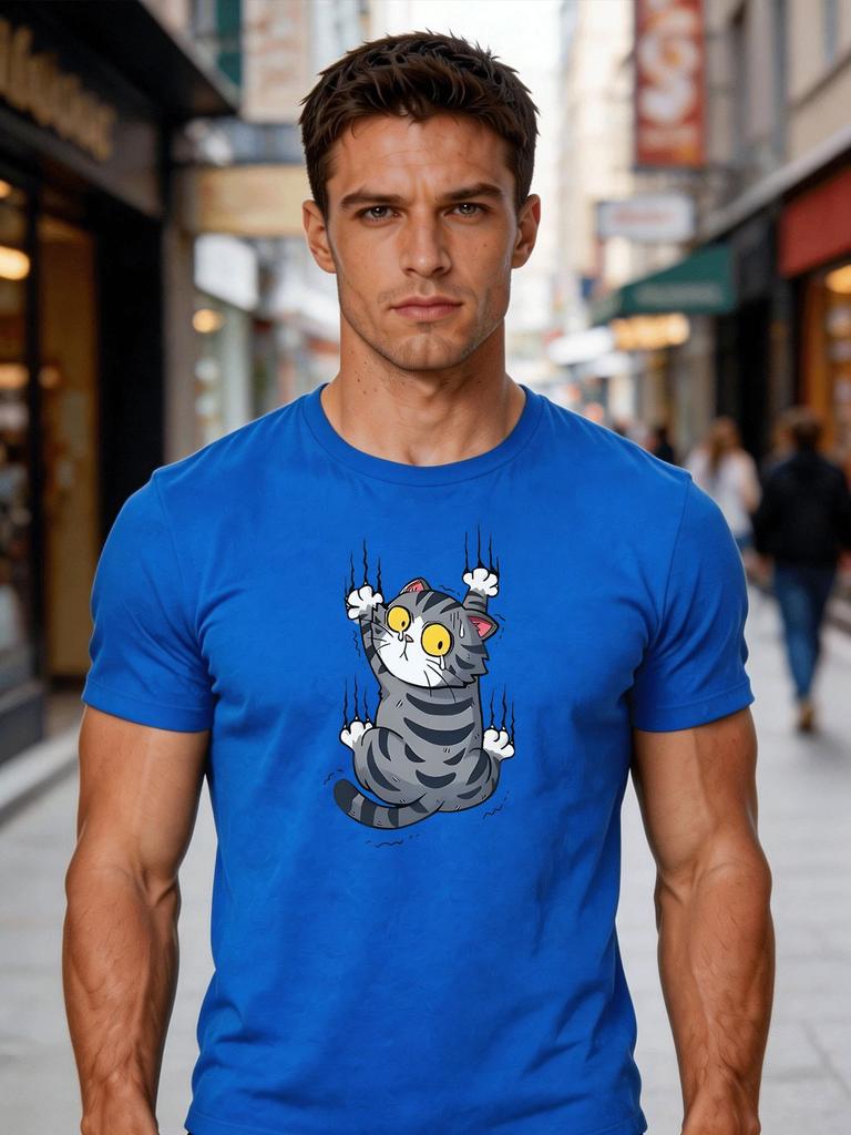 Unisex White Crew Neck Tee Cartoon Frightened Grey Tabby Cat Scratch Wall Big Yellow Eyes Cute Nervous Kitten Pet Casual Cotton Top