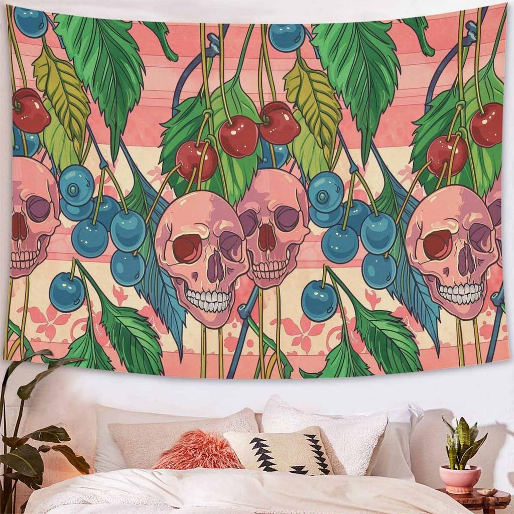 Cherry Skull Tapestry Vibrant Floral and Bone Wall Art for Bedroom or Living Room Large Decorative Hanging Add Quirky Style