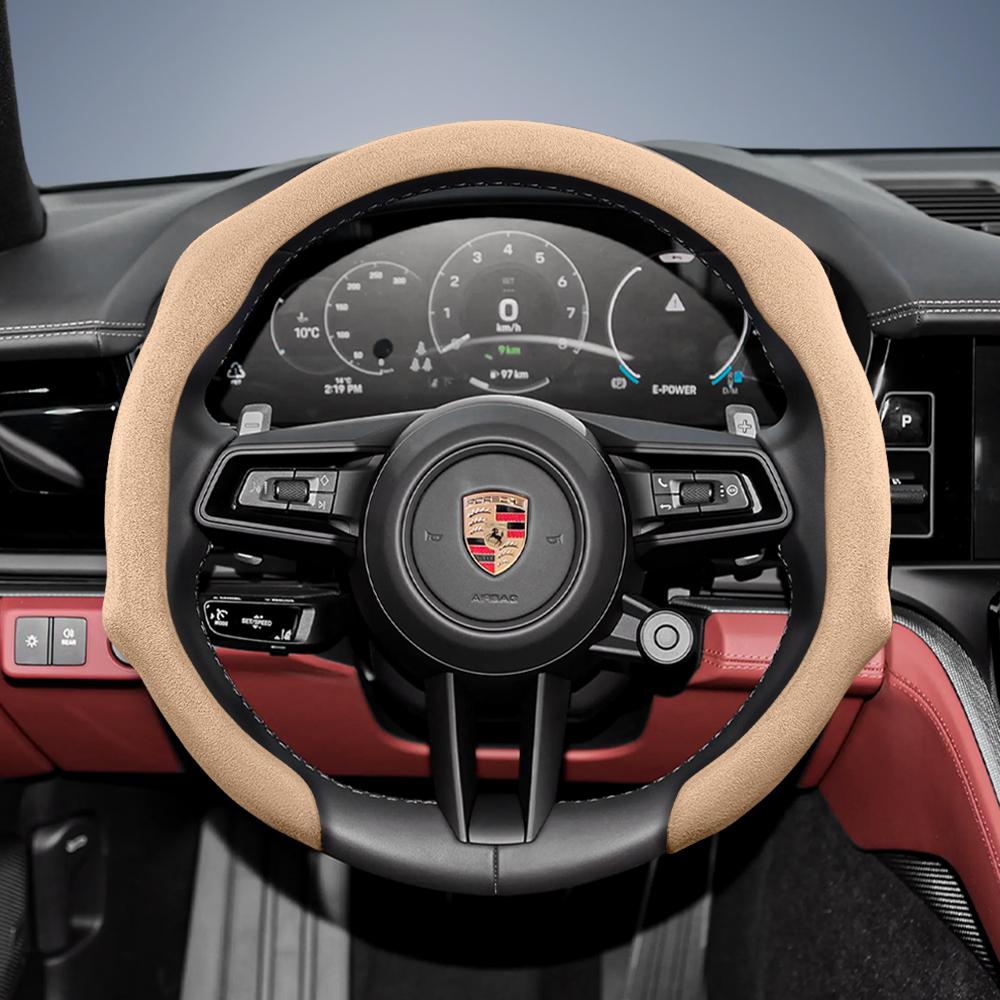 Suitable for Porsche Premium Suede Snap-On Steering Wheel Cover, Non-Slip and Durable Cayenne 996 Macan 957 Volante Boxster 986 718 Alcantara Turbo