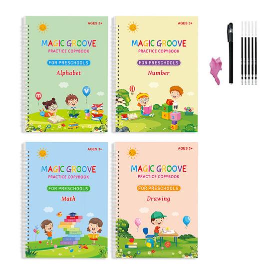 4Pcs Grooved Writing Practice Book with Pens Refills Pencil Gripper Reusable Kids Handwriting Practice Workbooks Alphabet Tracing Learning Book