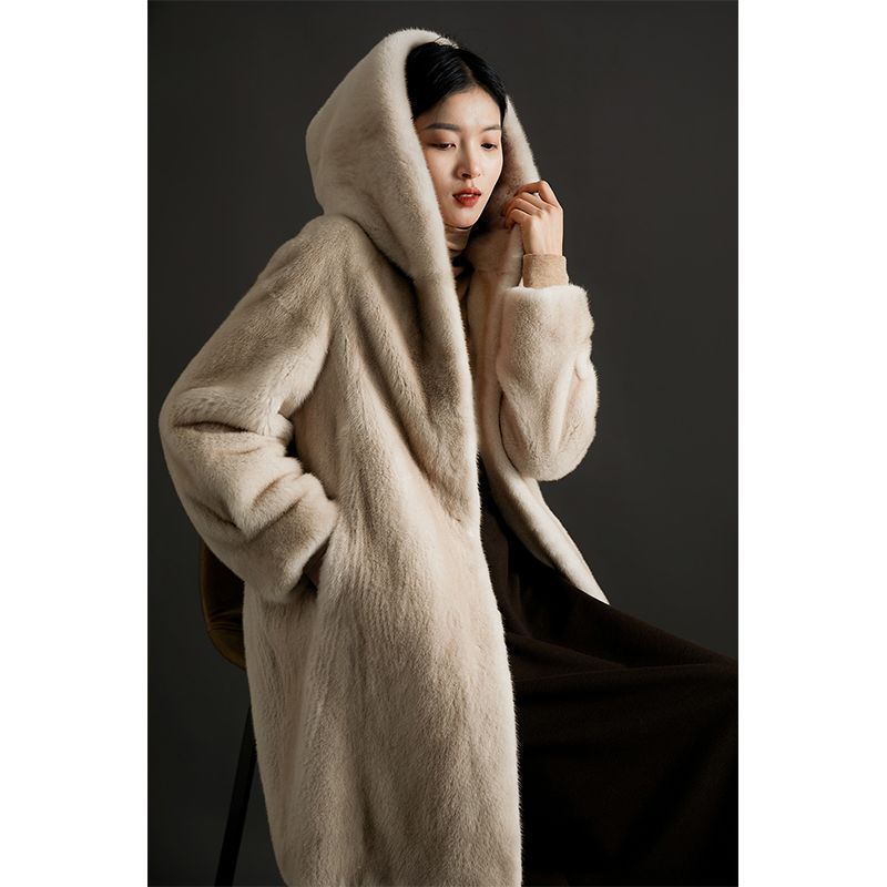 Autumn and winter new imitation mink fur coat women's hooded long imitation European mink fur coat light