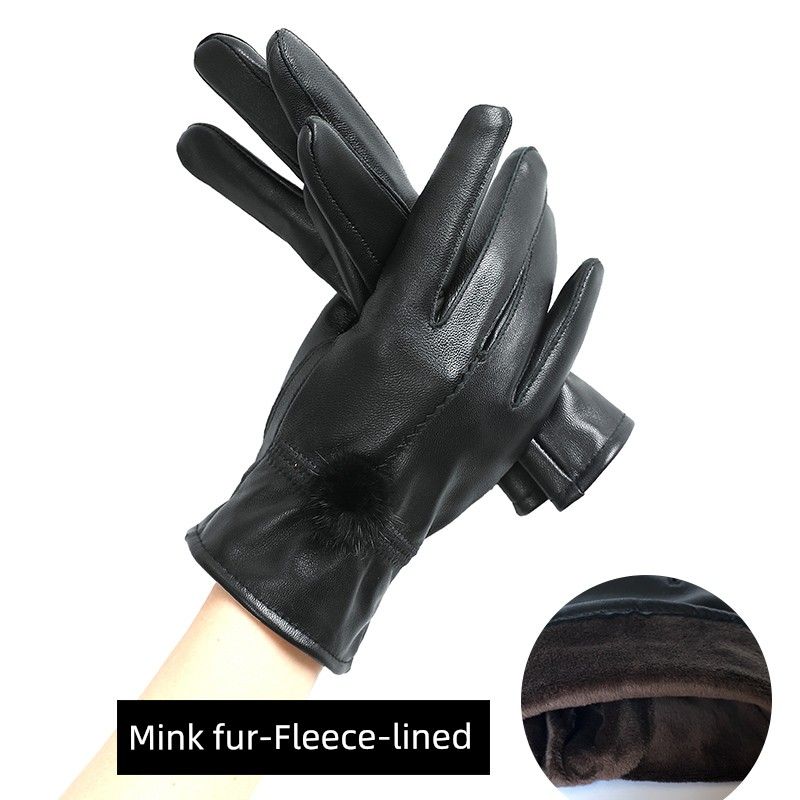 Real Leather Gloves Women's Sheepskin Gloves Leather Gloves Cycling Winter Warm Fleece-Lined Cycling Electric Car Touch Screen Leather Gloves Thin