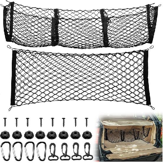 Tallew Cargo Net 3 Pocket Trunk Organizer Stretchable Trunk Mesh Cargo Net with Hooks Screws Buttonholes Black Mesh Trunk Grocery Storage Bag for