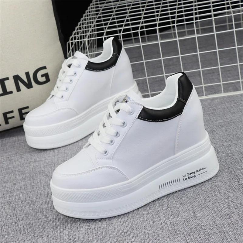Fashion Super High Heel 10cm Women's Shoes 2024 Autumn New Thick-soled Lace-up White Shoes All-match Wedge Casual Shoes Sneakers