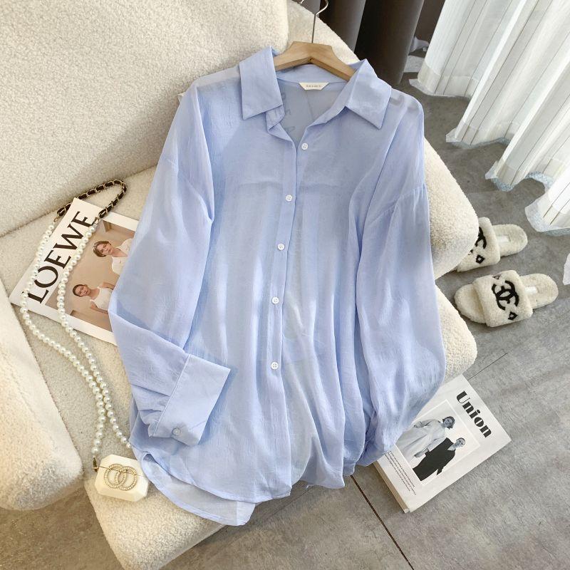 Design Fashion Loose Slightly Transparent Lapel Single-Breasted Idle Style Leisure Drop Shoulder Long Sleeve Shirts Sun Protection Clothing Women