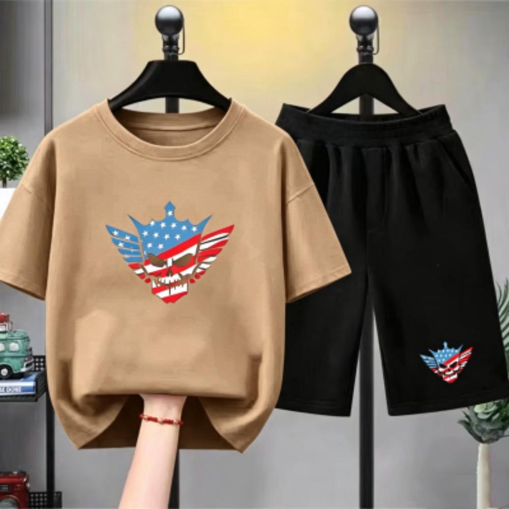 Fashion Men's T-shirt Shorts Set Funny Skull Printed Men's Short Sleeve Tops Shorts 2pcs Summer Men Women's Outdoor Casual T-shirt Sets
