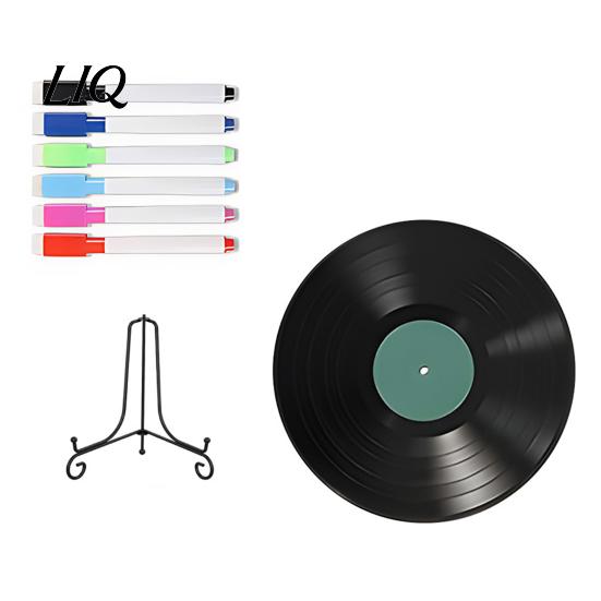 Retro Wall Decorations Vinyl Record DIY Graffiti Clock Ornament, Blank Acrylic Tabletop Reusable Drawing Surface Decor with Stand, Personalized