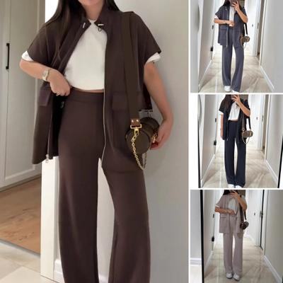 Conjunto Feminino de Duas Peças Casual com Camisa de Manga Curta e Zíper Completo e Calças de Perna Larga Conjunto de Treino Casual para Relaxar