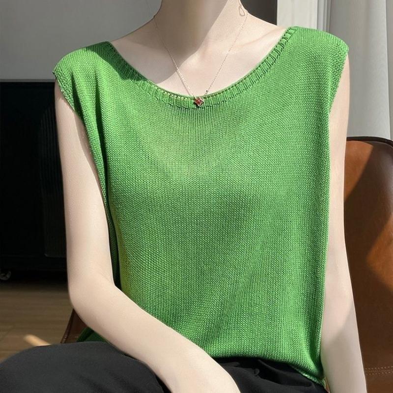 Sommer Neue Mode All Match Rundhals Ärmelloses Top Neues Lockeres Strick-Camisole-Weste Basis-Oberteil Halbarm-Top
