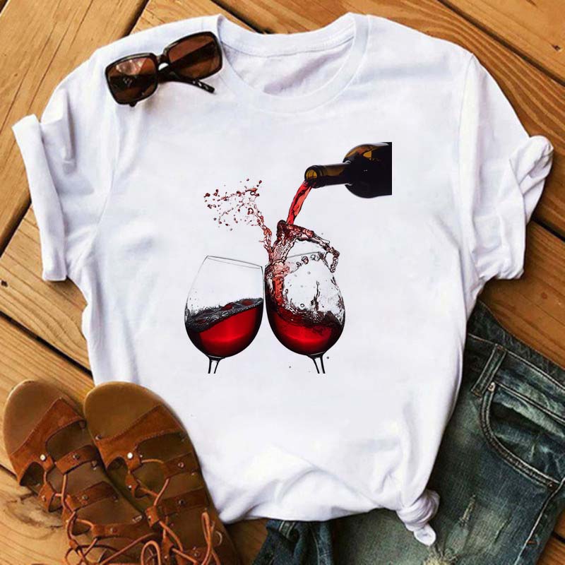 New Women T-Shirt Casual Short Sleeve T Shirt Women's Fashion Rose Red Wine Glass Printed Black T-Shirt Female Tops Tees