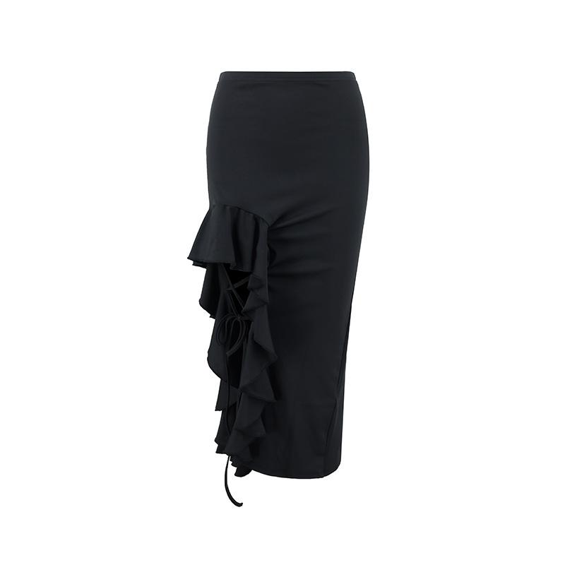 Girls Fashionable Half-length Skirt For Summer Wear - Irregular Side Slit, Black, Chic Mid-length Half-length Skirt L