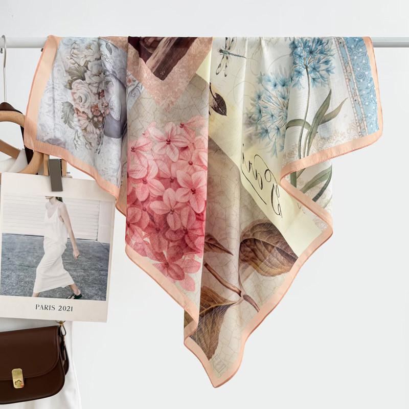 Atmosphere Blue Cashew Flower Silk Scarf 91 Series Neck Large Square Scarf Women's Scarf Seaside Baotou Scarf Sunscreen Shawl