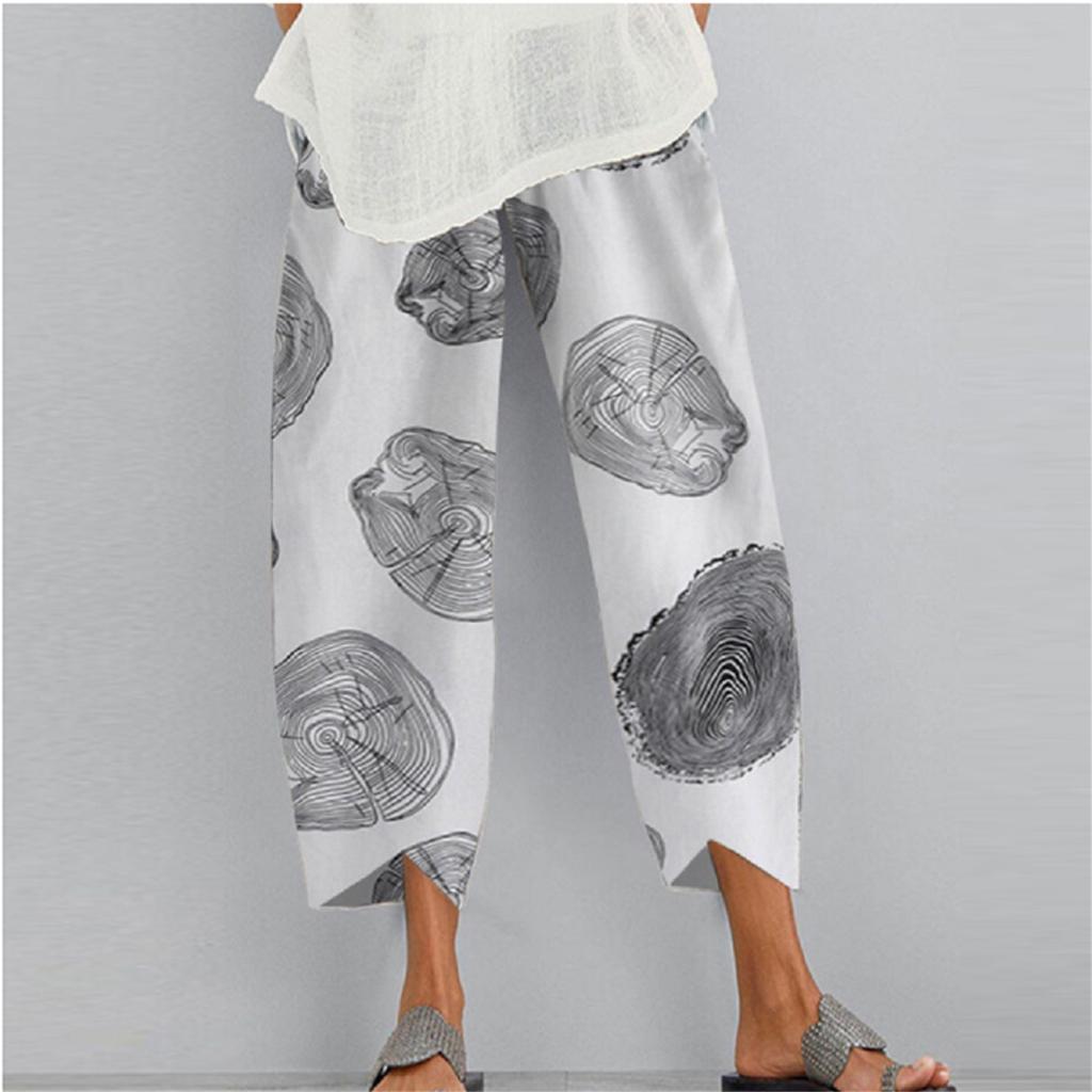 Women Lady Casual Flowers Print Elastic Girdle Waist Wide Leg Pants Trousers