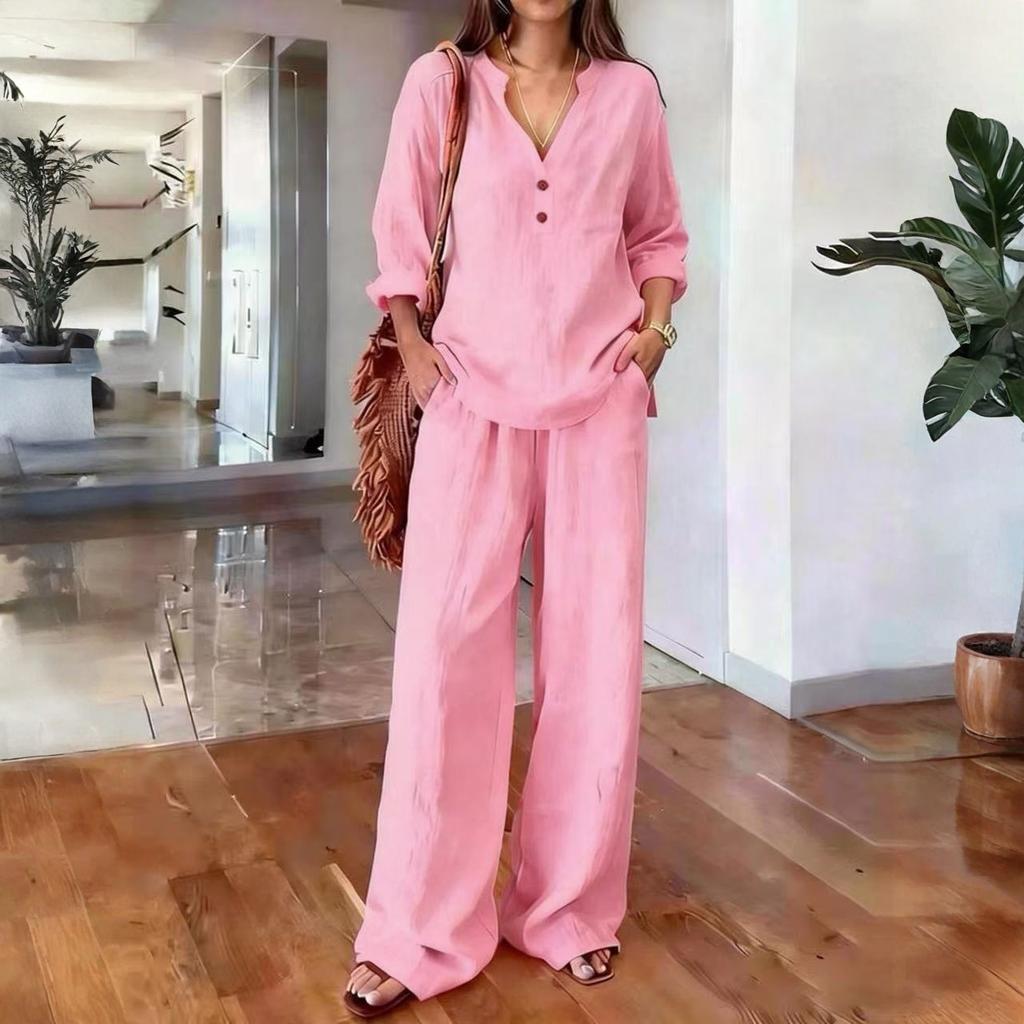 Women's Two-Piece -color Cotton And Linen Long-sleeved V-neck Top Straight-leg Casual Trousers Set