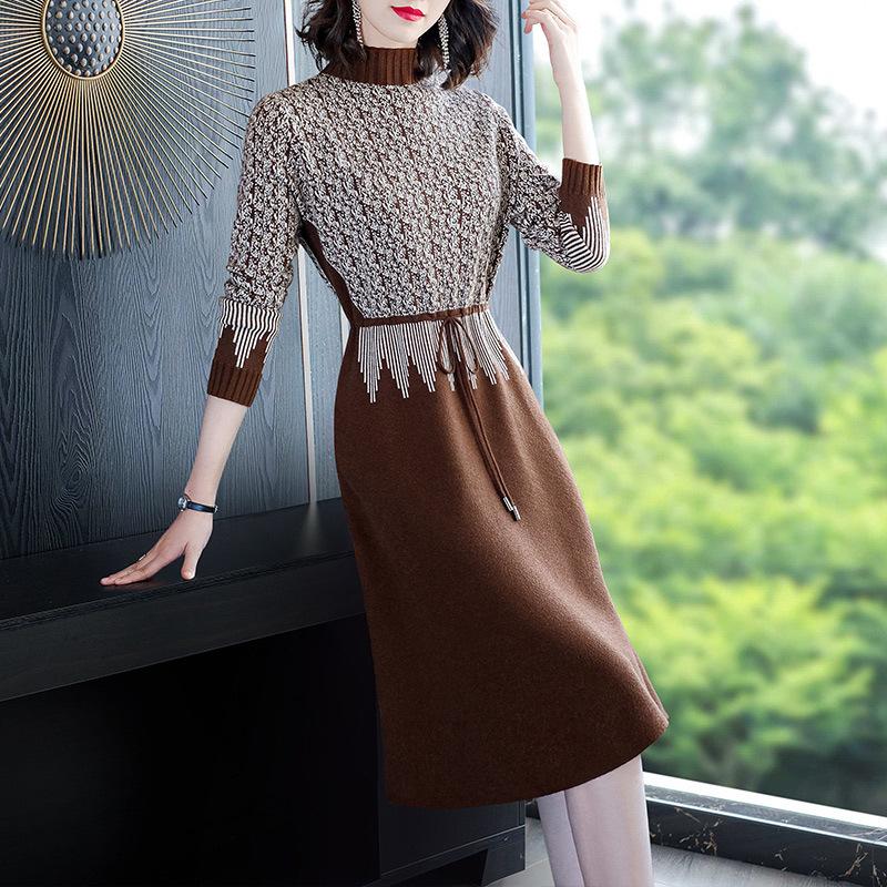 Half Turtleneck Knitted Dress for Women Mid-length Retro French Sweater Dress for Autumn and Winter Casual Knitted Sweater