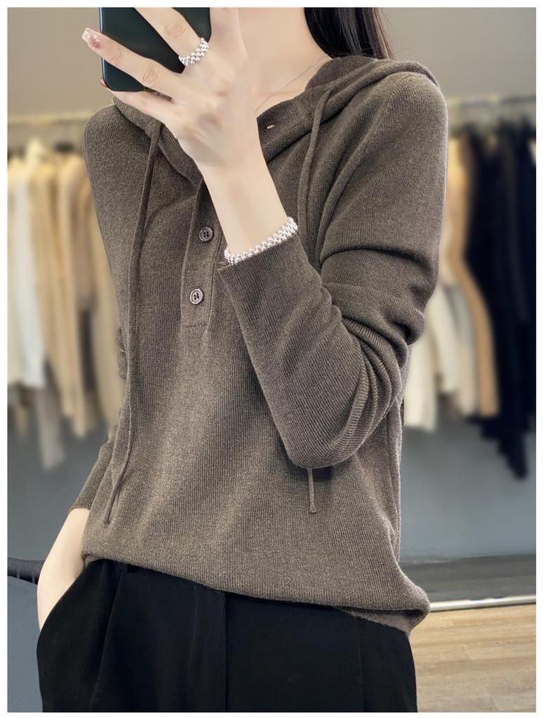Spring & Autumn Wool Hoodie: Casual, Lazy-Style Knitted Sweater, Slimming Button-Up, Versatile for Women