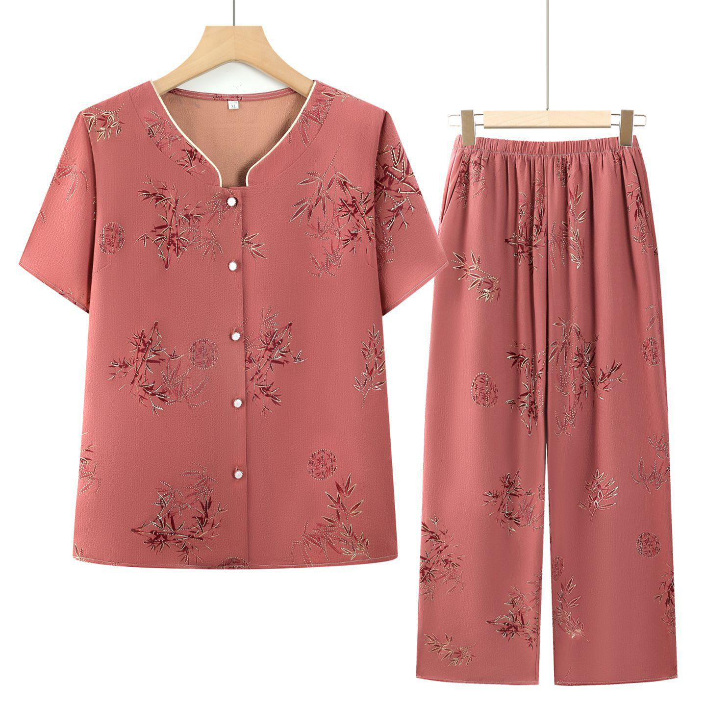 

Grandma s Summer Casual Short Sleeve Set - Loose Cardigan & Shirt for Women 60+ XL (Recommended 85-105 kg)