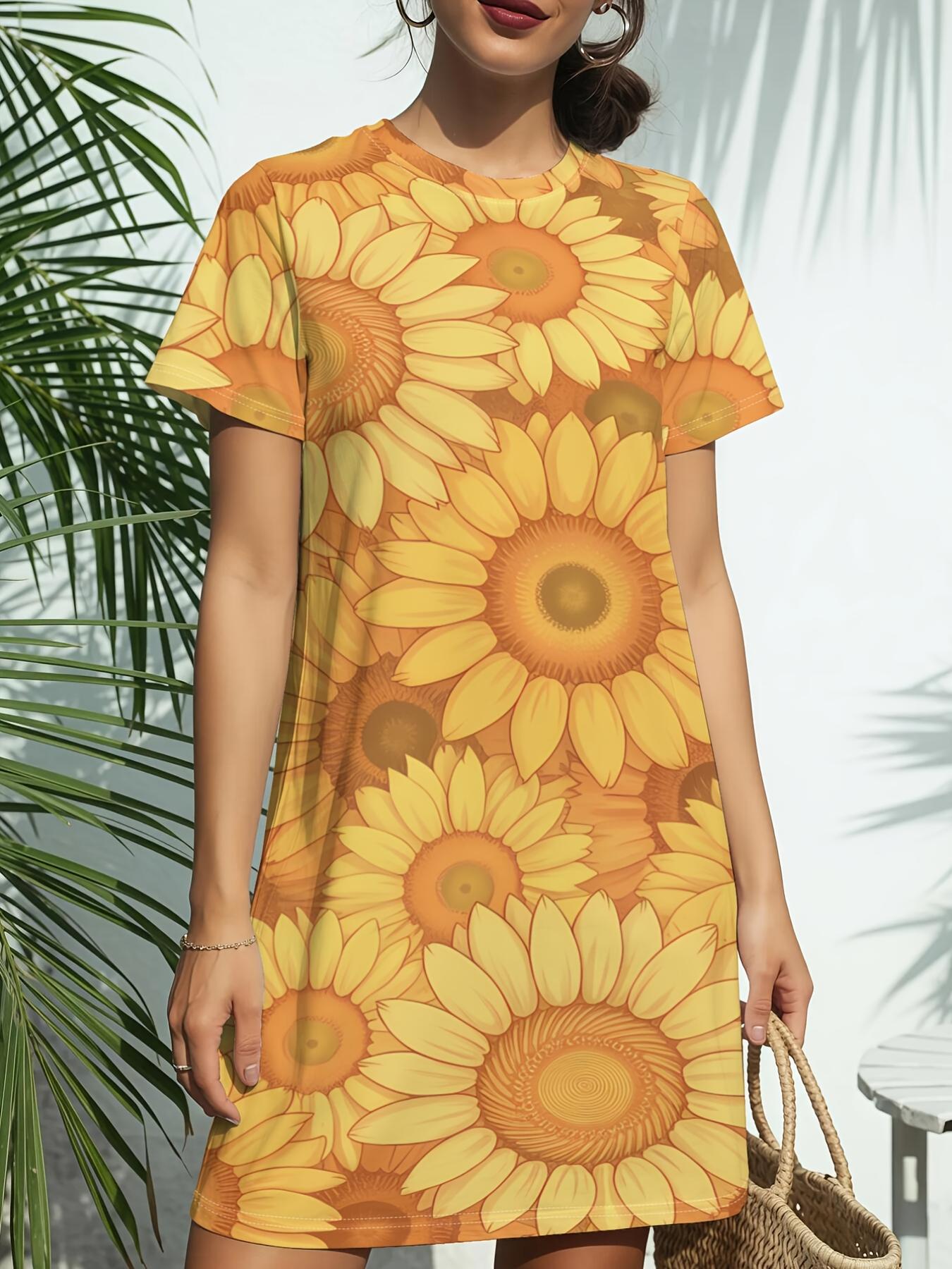 

Sunflower GlowNew Arrival Women s Round Neck Short-Sleeve T-shirt Dress.American Trendy Digital Print. Casual Versatile Style for Spring and Summer.El 6XL дубильна кора