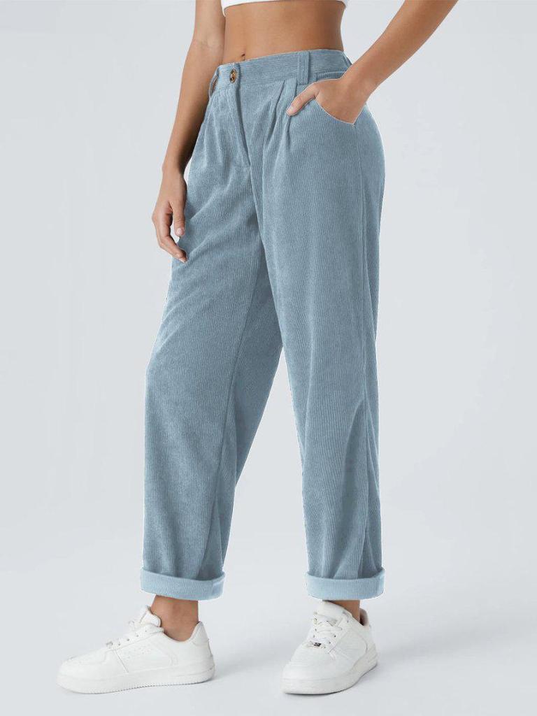 European & American Women's Autumn/Winter Corduroy Long Pants: Solid Color, Plus Velvet, Straight Leg, Loose Fit, Slimming Casual Wear