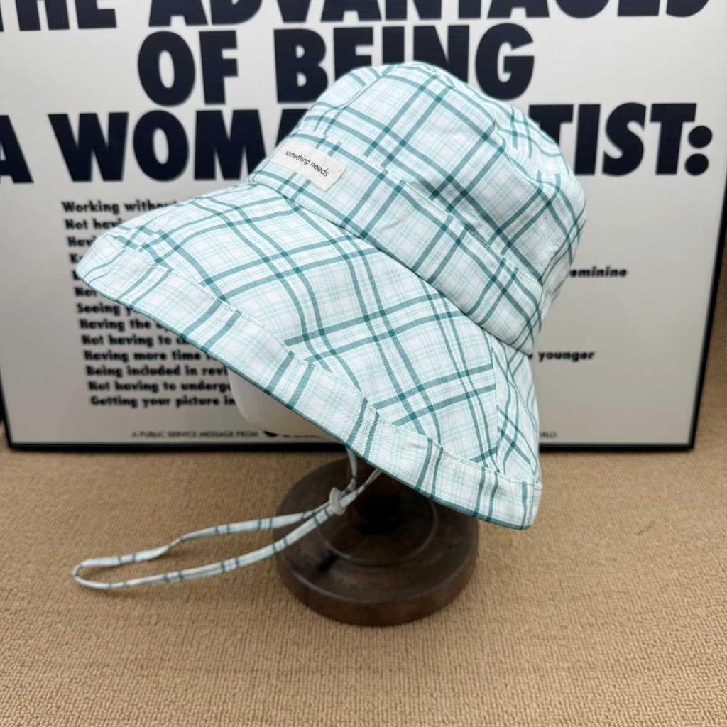 Plaid bucket hat women's summer big eaves sunscreen sun hat showing small face breathable with windproof rope versatile basin hat