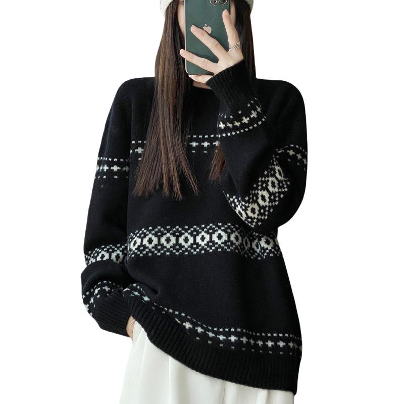 Mall-Stil Dicker Reiner Wollpullover für Damen - 100% Wolle Locker Gestrickt Vielseitiges Oberteil