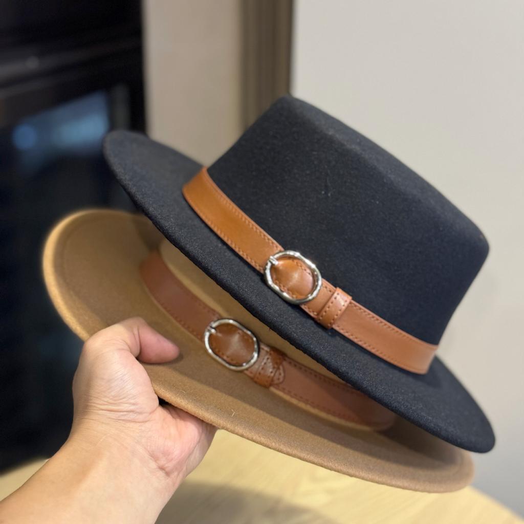 New British Style Retro Woolen Hat for Women Autumn and Winter Fashionable Versatile Belt Buckle Flat Top European and American Jazz Hat for Men