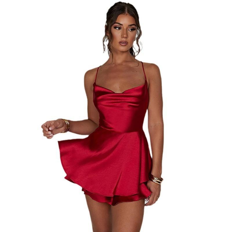Satin Silk Women Sexy Cami Playsuits Dress Solid Cowl Neck Sleeveless Short Jumpsuits Summer Cross Tie-Up Backless Romper