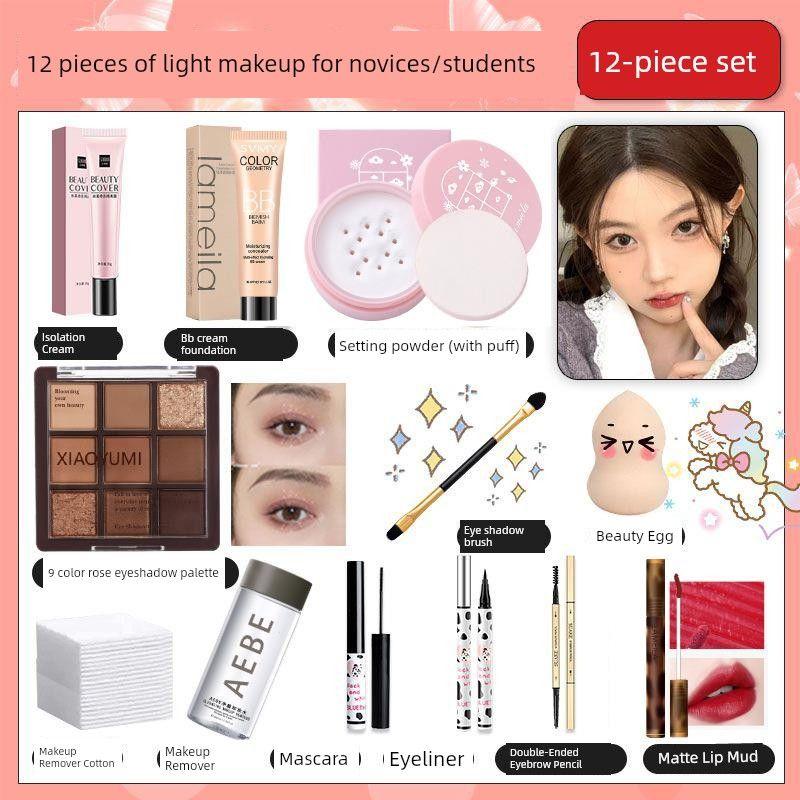 Eredeti Teljes Kozmetikai Készlet, Teljes Sminkkészlet, Nem Krémes, Mindennapi Használatra Alkalmas, Kezdőknek, Újoncoknak, Könnyű Smink 12-Piece Student Light Makeup Set