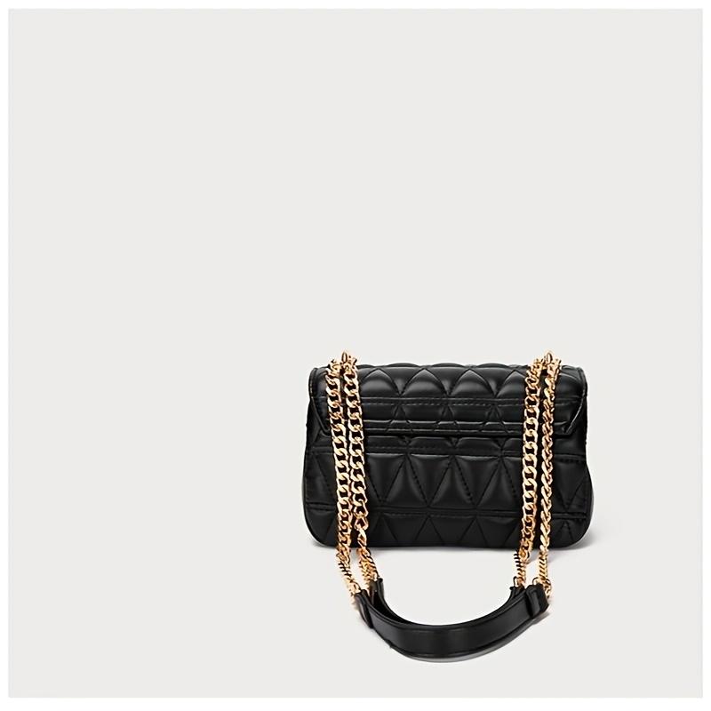 Chic Quilted Diamond Chain Crossbody Bag for Women Elegant Purse with Golden-Tone Hardware, Black, Retro Style, Fixed Shoulder Strap, Embossed Design