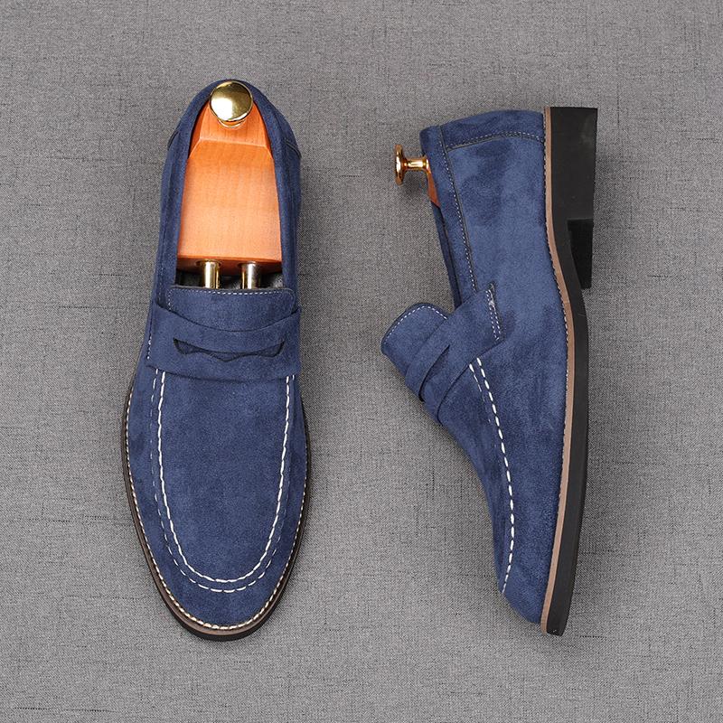 New Men's Pointed Slip On Suede Leather Business Flats Shoes Male Designer Penny Loafers Homecoming Wedding Dress Footwear